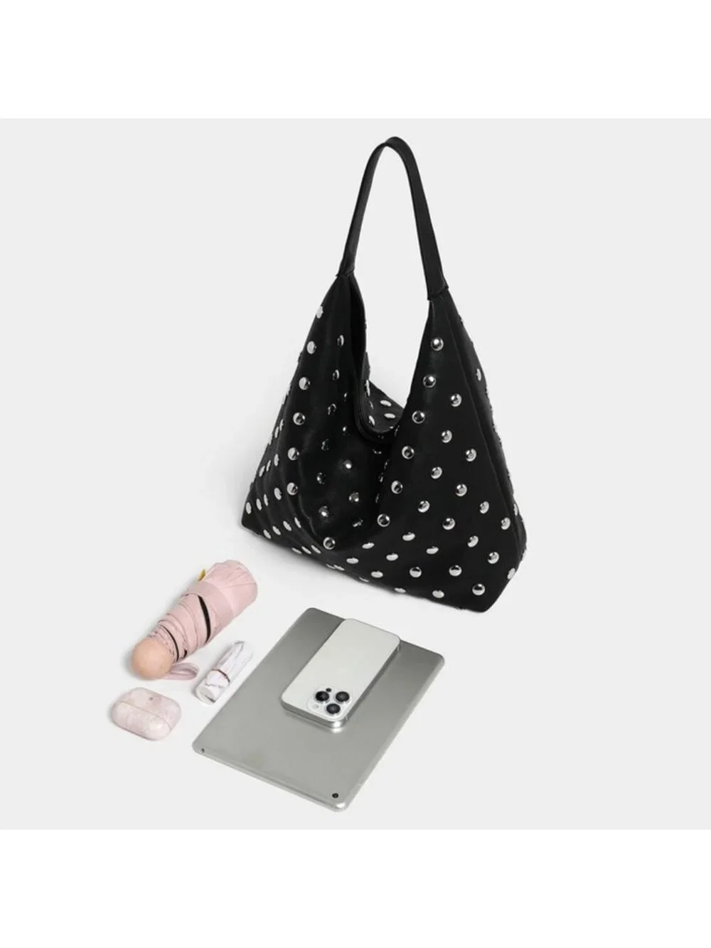 Edgy Vegan Leather Studded Tote Bag | Oversized Slouchy Hobo, Large Capacity